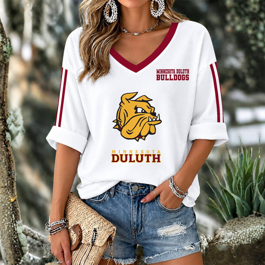 [PUCK DROP DEAL] NEW CUSTOMIZED NCAA MFF10 MDB MINNESOTA DULUTH BULLDOGS WOMEN'S V-NECK LONG SLEEVE SHIRT