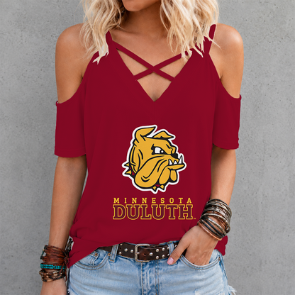 [PUCK DROP DEAL] NEW CUSTOMIZED NCAA MFF10 MDB MINNESOTA DULUTH BULLDOGS CRISS CROSS V-NECK TOP
