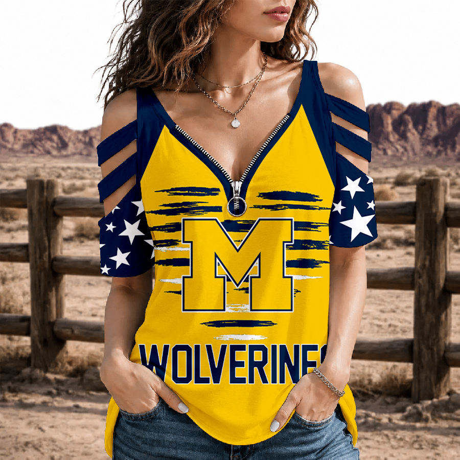 [HOOPS SPECIAL] NEW CUSTOMIZED NCAA CFH10 MIW MICHIGAN WOLVERINES STRAPPY COLD-SHOULDER TOP
