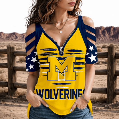 [HOOPS SPECIAL] NEW CUSTOMIZED NCAA CFH10 MIW MICHIGAN WOLVERINES STRAPPY COLD-SHOULDER TOP