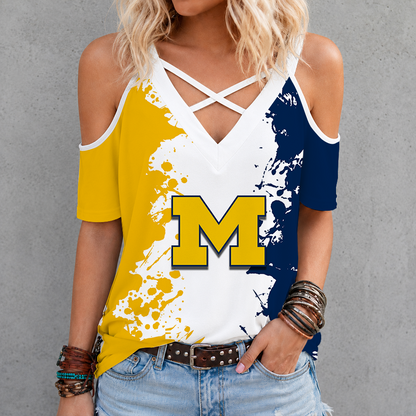 [HOOPS SPECIAL] NEW CUSTOMIZED NCAA CFH10 MIW MICHIGAN WOLVERINES CRISS CROSS V-NECK TOP