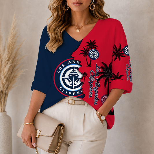 [HOT DEAL] NEW CUSTOMIZED NBA10 LCL LOS ANGELES CLIPPERS WOMEN'S V-NECK LONG SLEEVE SHIRT