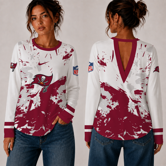 [TOUCHDOWN DEAL] NEW CUSTOMIZED NFL10 TBB TAMPA BAY BUCCANEERS WOMEN'S BACK V-CUT LONG-SLEEVE SHIRT