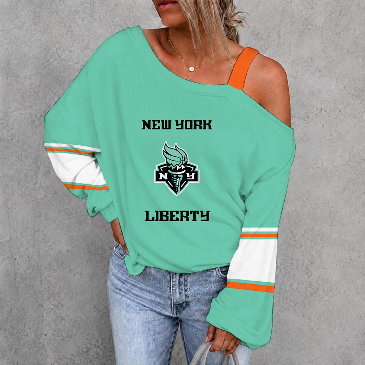 [HOOPS SPECIAL] NEW CUSTOMIZED WNBA10 NYL NEW YORK LIBERTY WOMEN'S OFF-SHOULDER LONG SLEEVE SHIRT