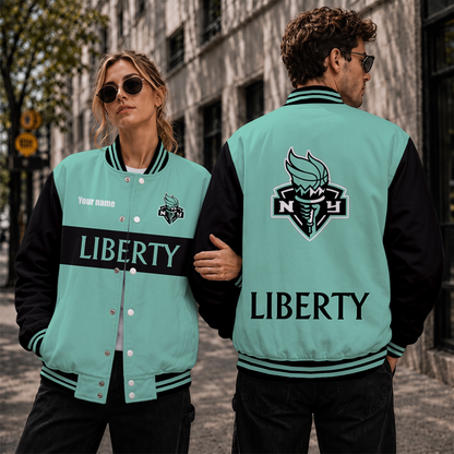 [HOOPS SPECIAL] NEW CUSTOMIZED WNBA10 NYL NEW YORK LIBERTY BASEBALL JACKET, SATIN VARSITY JACKET