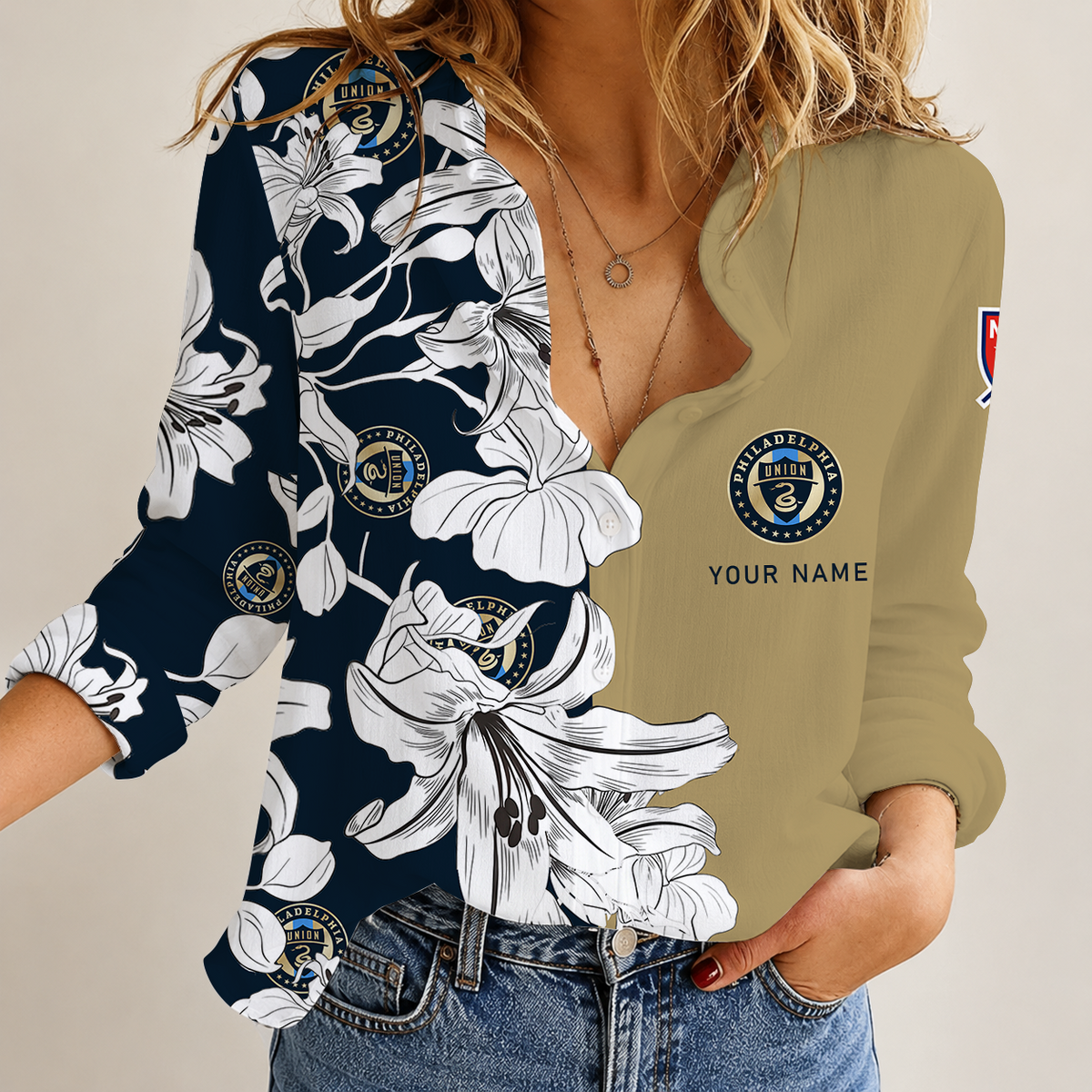 [GOAL DEAL] NEW CUSTOMIZED MLS10 PPF PHILADELPHIA UNION WOMEN CASUAL SHIRT