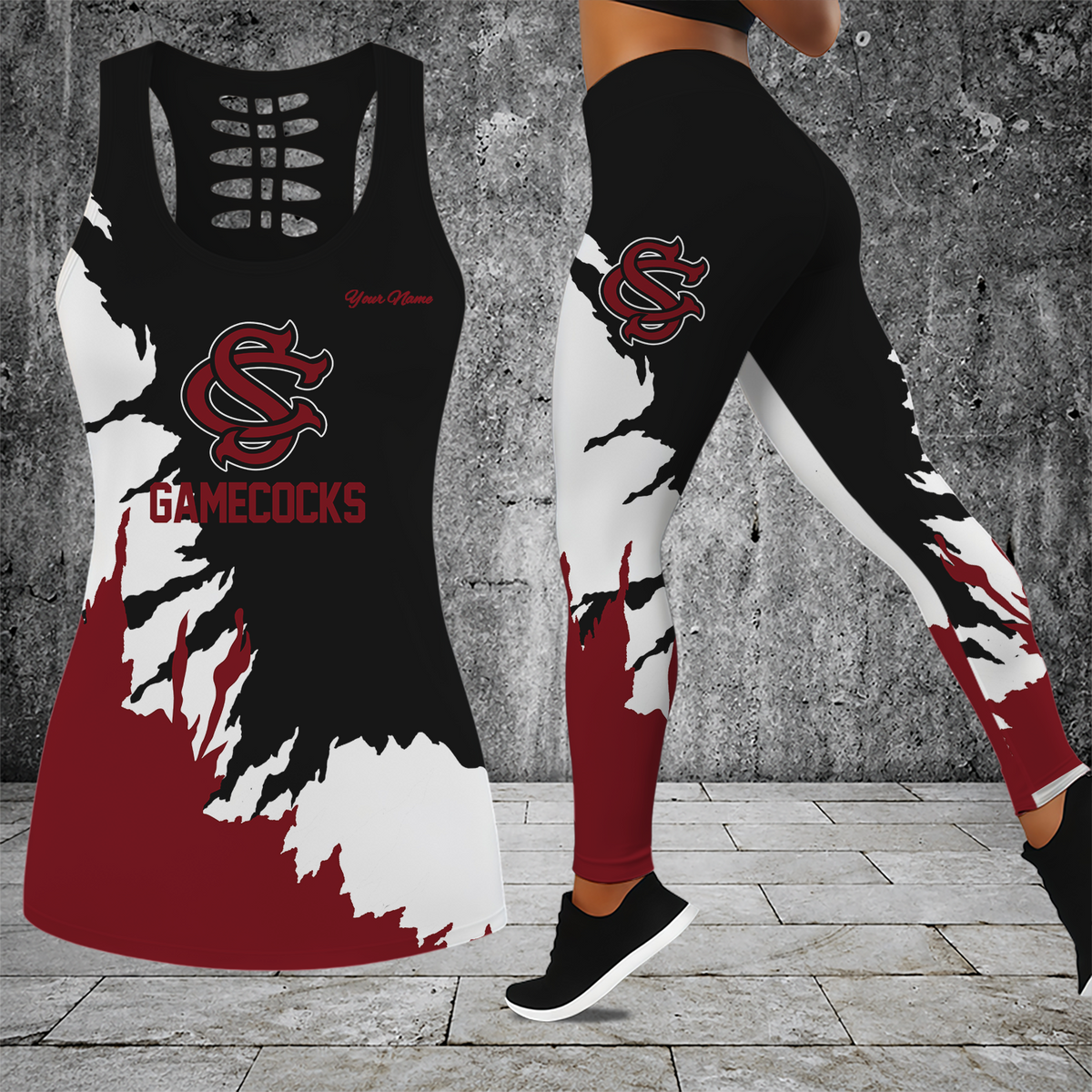 [HOMERUN DEAL] NEW CUSTOMIZED NCAA CWS10 SCG SOUTH CAROLINA GAMECOCKS HOLLOW TANK TOP & LEGGINGS SET