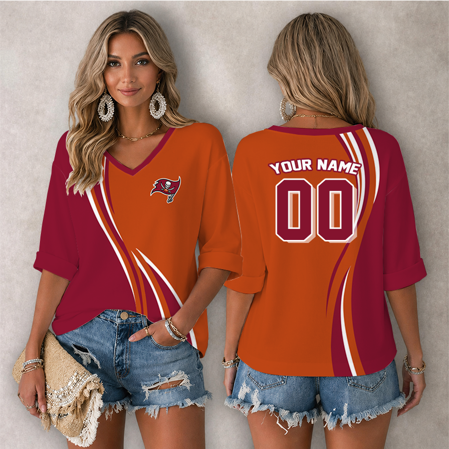 [SPECIAL OFFER] NEW CUSTOMIZED NFL10 TBB TAMPA BAY BUCCANEERS WOMEN'S HEART V-NECK LONG SLEEVE SHIRT