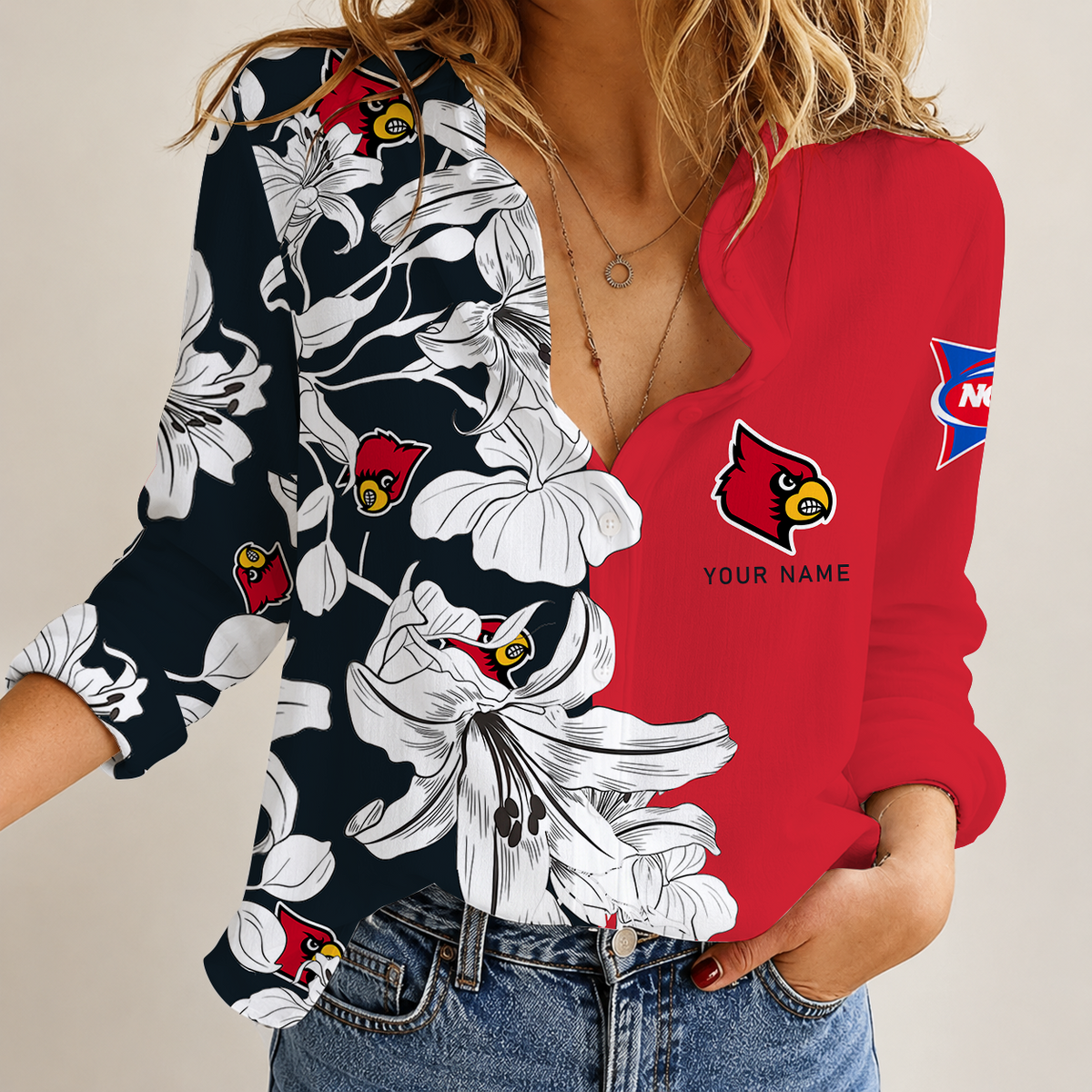 [TOUCHDOWN DEAL] NEW CUSTOMIZED NCAA FBS10 ULC LOUISVILLE CARDINALS WOMEN CASUAL SHIRT