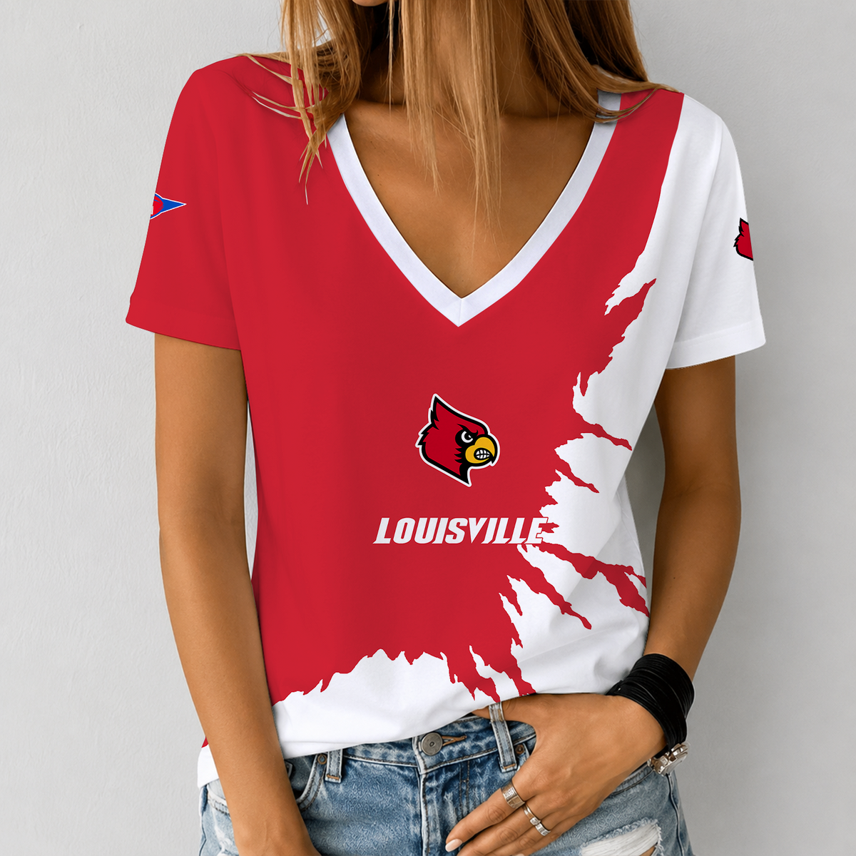 [TOUCHDOWN DEAL] NEW CUSTOMIZED NCAA FBS10 ULC LOUISVILLE CARDINALS V-NECK FEMALE SHIRT