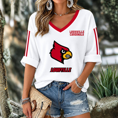 [TOUCHDOWN DEAL] NEW CUSTOMIZED NCAA FBS10 ULC LOUISVILLE CARDINALS WOMEN'S V-NECK LONG SLEEVE SHIRT