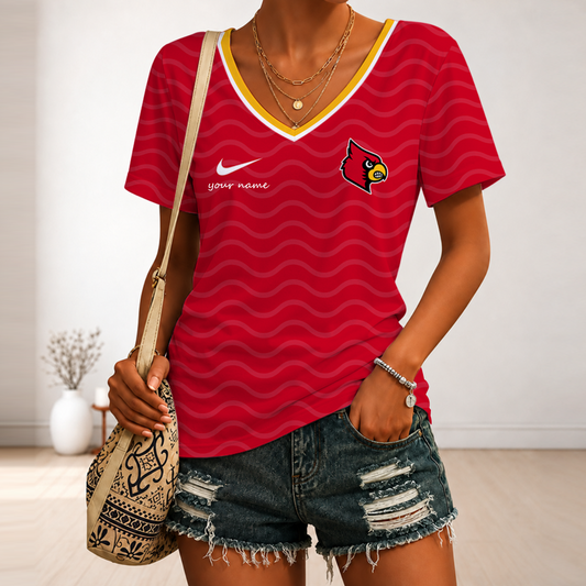 [TOUCHDOWN DEAL]NEW CUSTOMIZED NCAA FBS10 ULC LOUISVILLE CARDINALS V-NECK FEMALE SHIRT