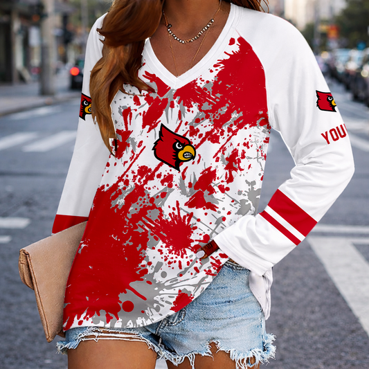 [TOUCHDOWN DEAL] NEW CUSTOMIZED NCAA FBS10 ULC LOUISVILLE CARDINALS WOMEN'S V-NECK LONG SLEEVED SHIRT