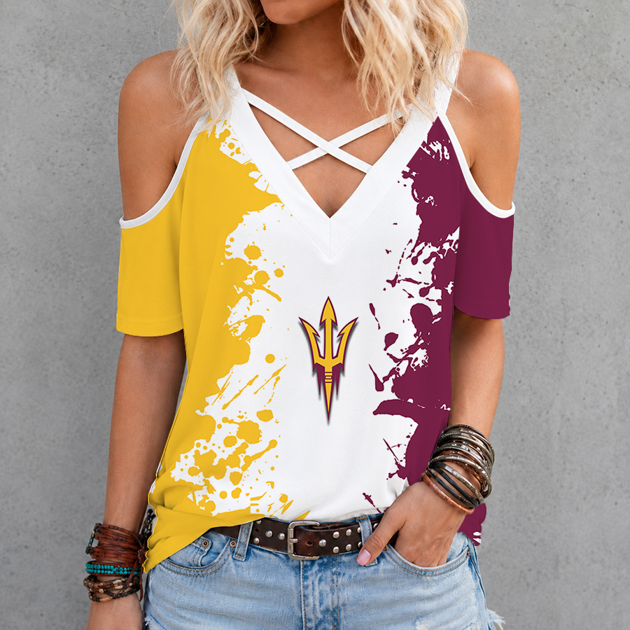[PUCK DROP DEAL] NEW CUSTOMIZED NCAA MFF11 ASS ARIZONA STATE SUN DEVILS CRISS CROSS V-NECK TOP