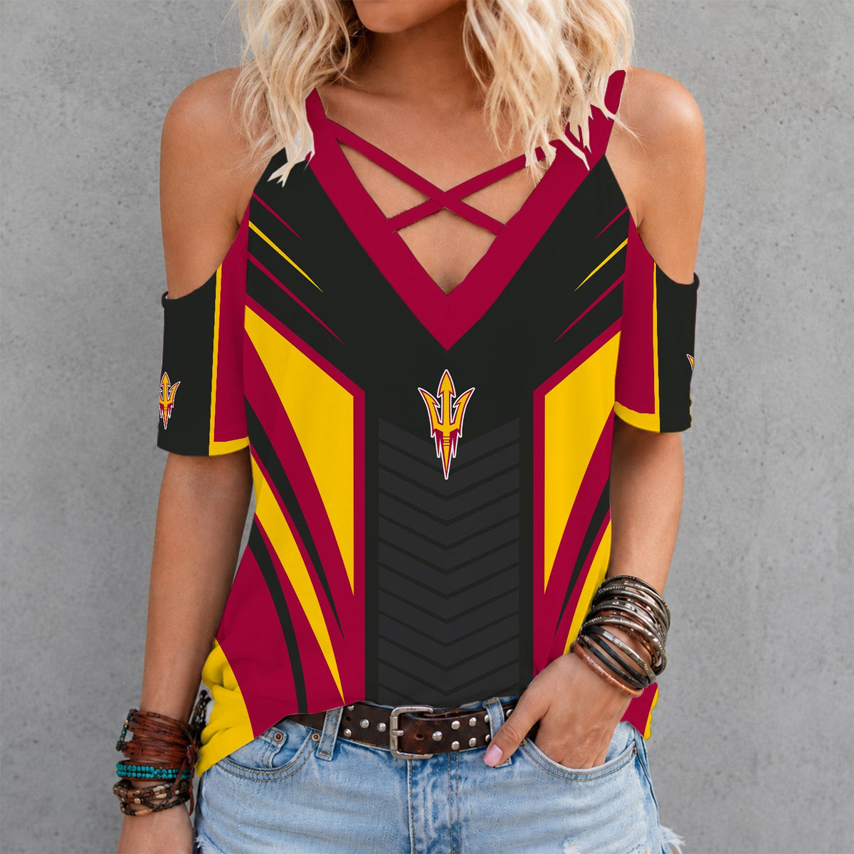 [PUCK DROP DEAL] NEW CUSTOMIZED NCAA MFF11 ASS ARIZONA STATE SUN DEVILS CRISS CROSS V-NECK TOP