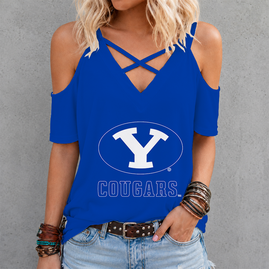 [TOUCHDOWN DEAL] NEW CUSTOMIZED NCAA FBS11 BYU BYU COUGARS CRISS CROSS V-NECK TOP