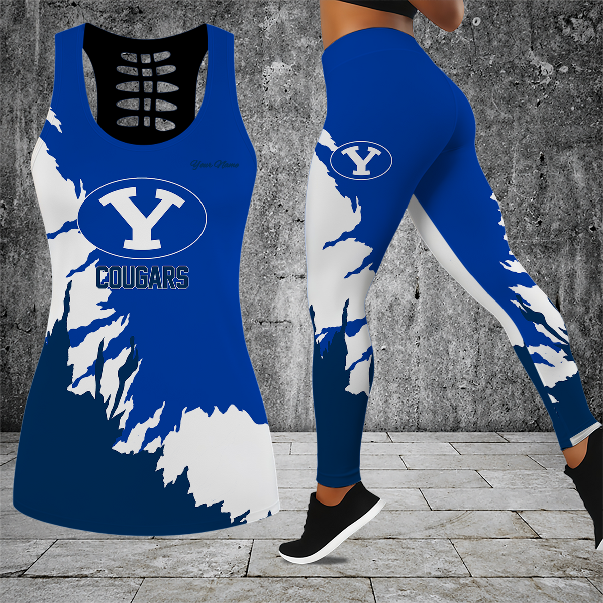 [TOUCHDOWN DEAL] NEW CUSTOMIZED NCAA FBS11 BYU BYU COUGARS HOLLOW TANK TOP & LEGGINGS SET