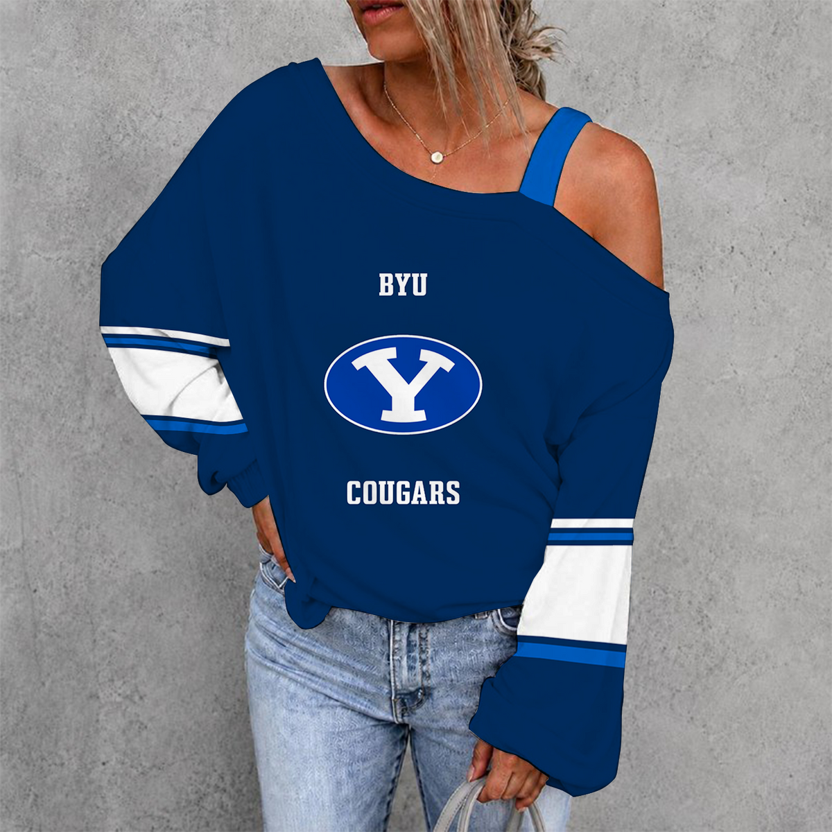 [TOUCHDOWN DEAL] NEW CUSTOMIZED NCAA FBS11 BYU BYU COUGARS WOMEN'S OFF-SHOULDER LONG SLEEVE SHIRT