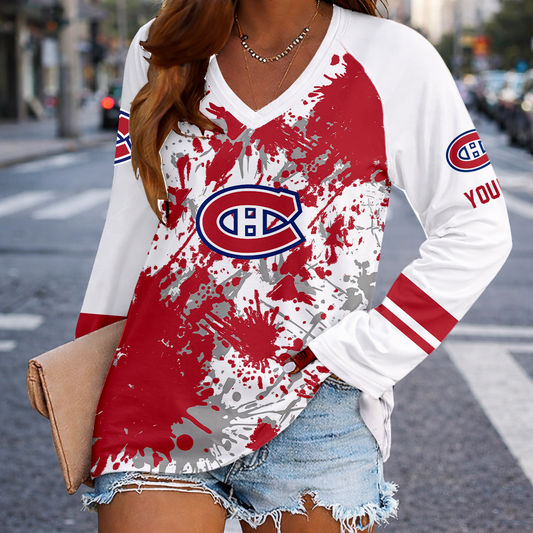 [PUCK DROP DEAL] NEW CUSTOMIZED NHL11 MCD MONTREAL CANADIENS WOMEN'S V-NECK LONG SLEEVED SHIRT