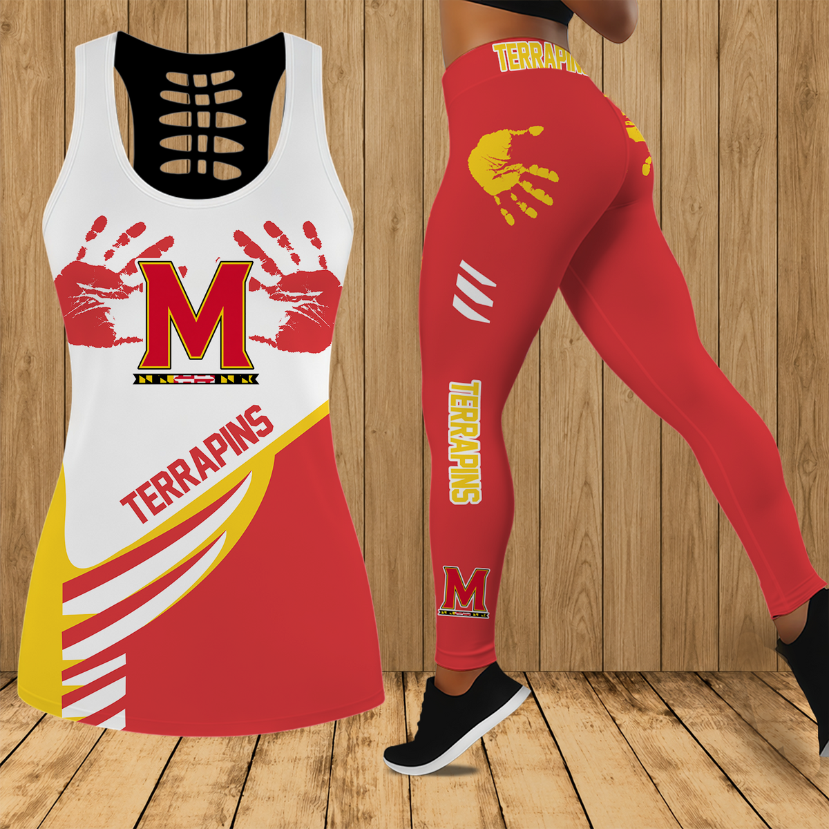 [SLAM DUNK DEAL] NEW CUSTOMIZED NCAA MAM11 MLT MARYLAND TERRAPINS STRAPPY HOLLOW TANK TOP & LEGGINGS SET