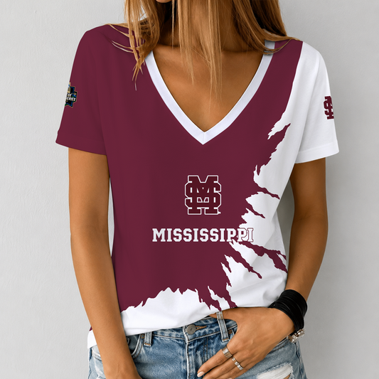 [HOMERUN DEAL] NEW CUSTOMIZED NCAA CWS11 MSB MISSISSIPPI STATE BULLDOGS V-NECK FEMALE SHIRT