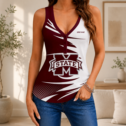 [HOMERUN DEAL] NEW CUSTOMIZED NCAA CWS11 MSB MISSISSIPPI STATE BULLDOGS WOMEN'S V-NECK TANK TOP