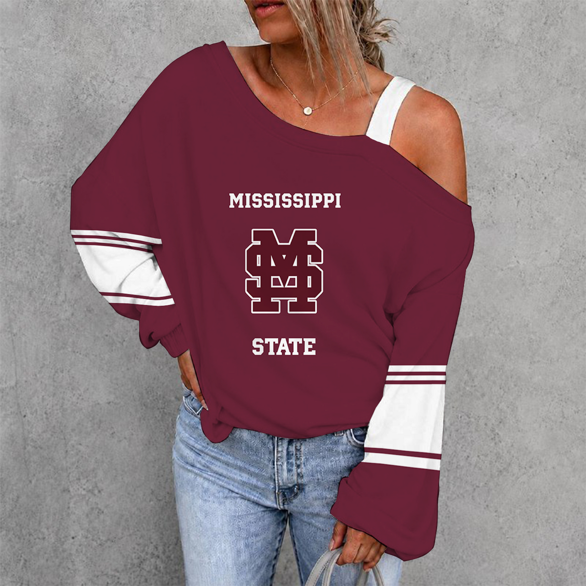 [HOMERUN DEAL] NEW CUSTOMIZED NCAA CWS11 MSB MISSISSIPPI STATE BULLDOGS WOMEN'S OFF-SHOULDER LONG SLEEVE SHIRT