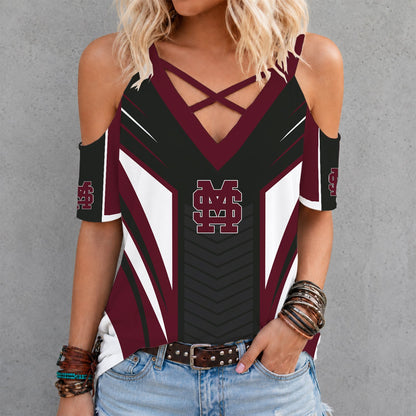 [HOMERUN DEAL] NEW CUSTOMIZED NCAA CWS11 MSB MISSISSIPPI STATE BULLDOGS CRISS CROSS V-NECK TOP