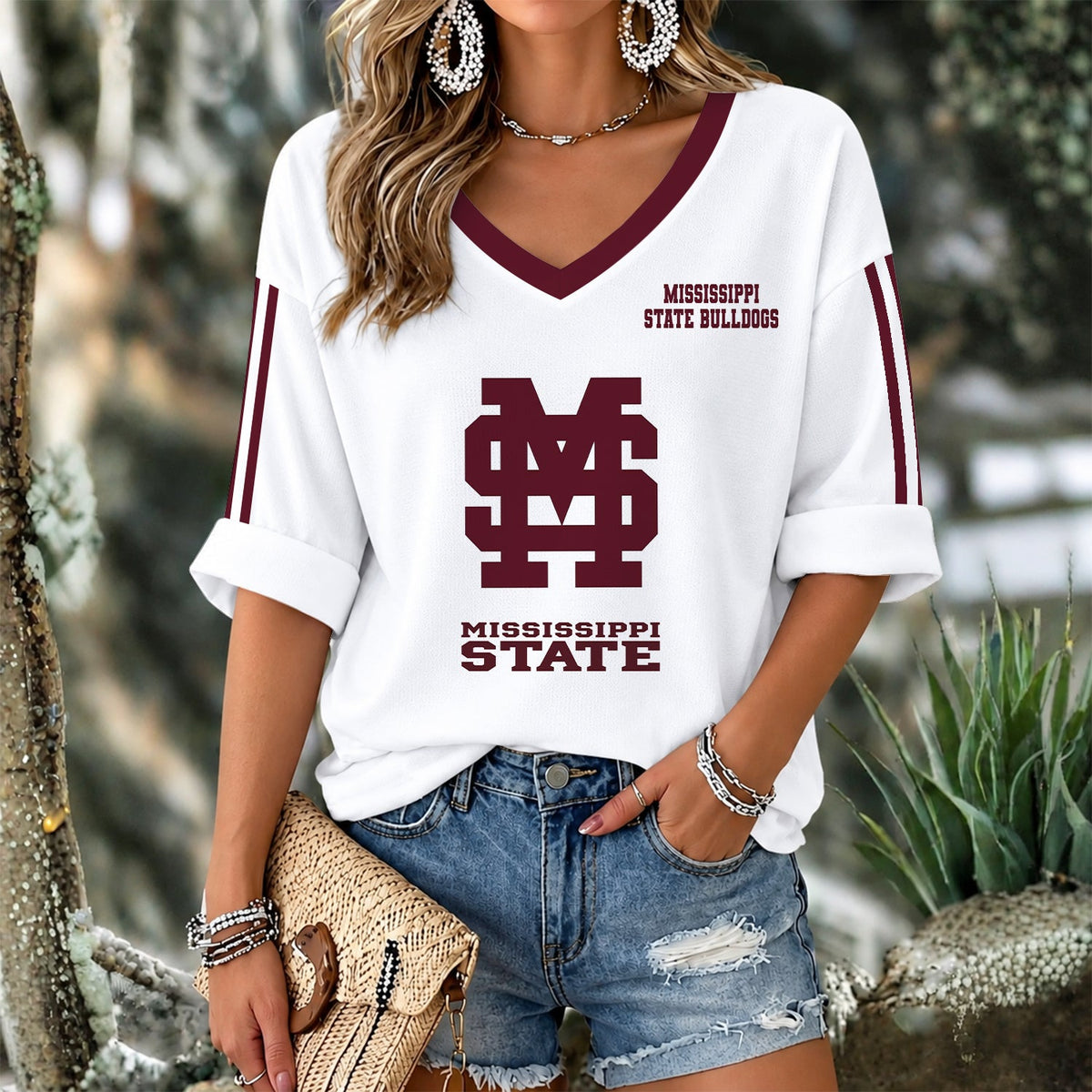 [HOMERUN DEAL] NEW CUSTOMIZED NCAA CWS11 MSB MISSISSIPPI STATE BULLDOGS WOMEN'S V-NECK LONG SLEEVE SHIRT