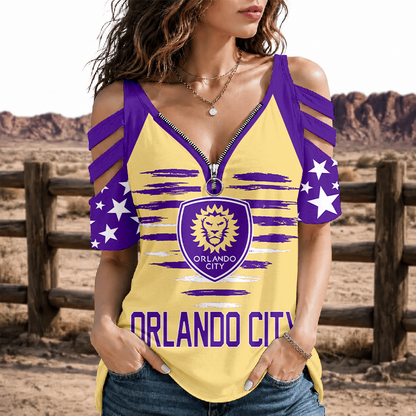 [GOAL DEAL] NEW CUSTOMIZED MLS11 OCS ORLANDO CITY SC STRAPPY COLD-SHOULDER TOP