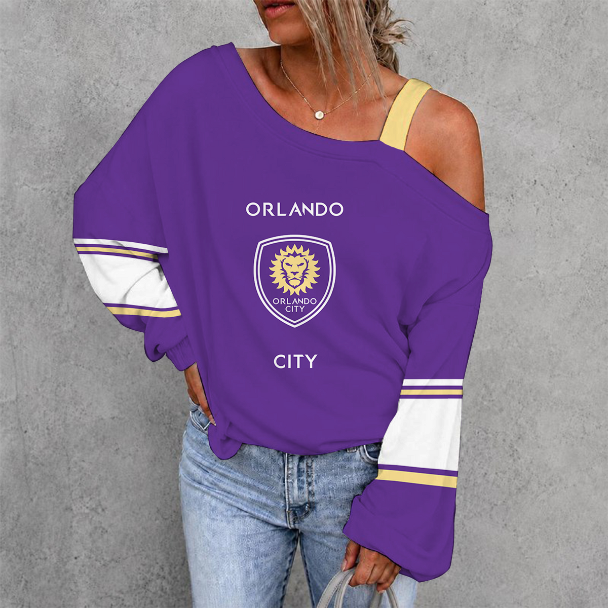 [GOAL DEAL] NEW CUSTOMIZED MLS11 OCS ORLANDO CITY SC WOMEN'S OFF-SHOULDER LONG SLEEVE SHIRT
