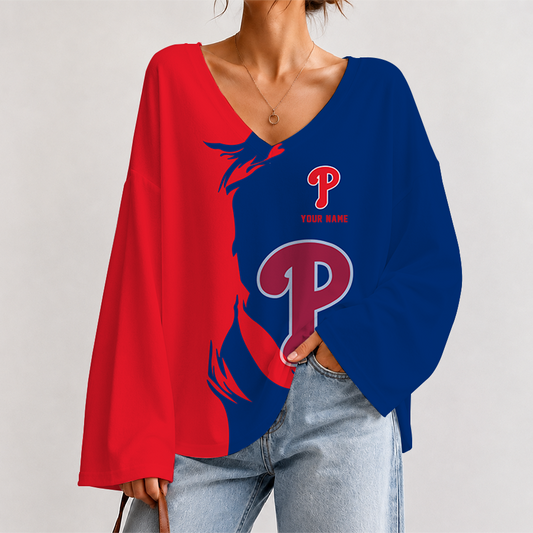 [HOMERUN DEAL] NEW CUSTOMIZED MLB11 PPS PHILADELPHIA PHILLIES V-NECK LONG SLEEVED CROP TOP