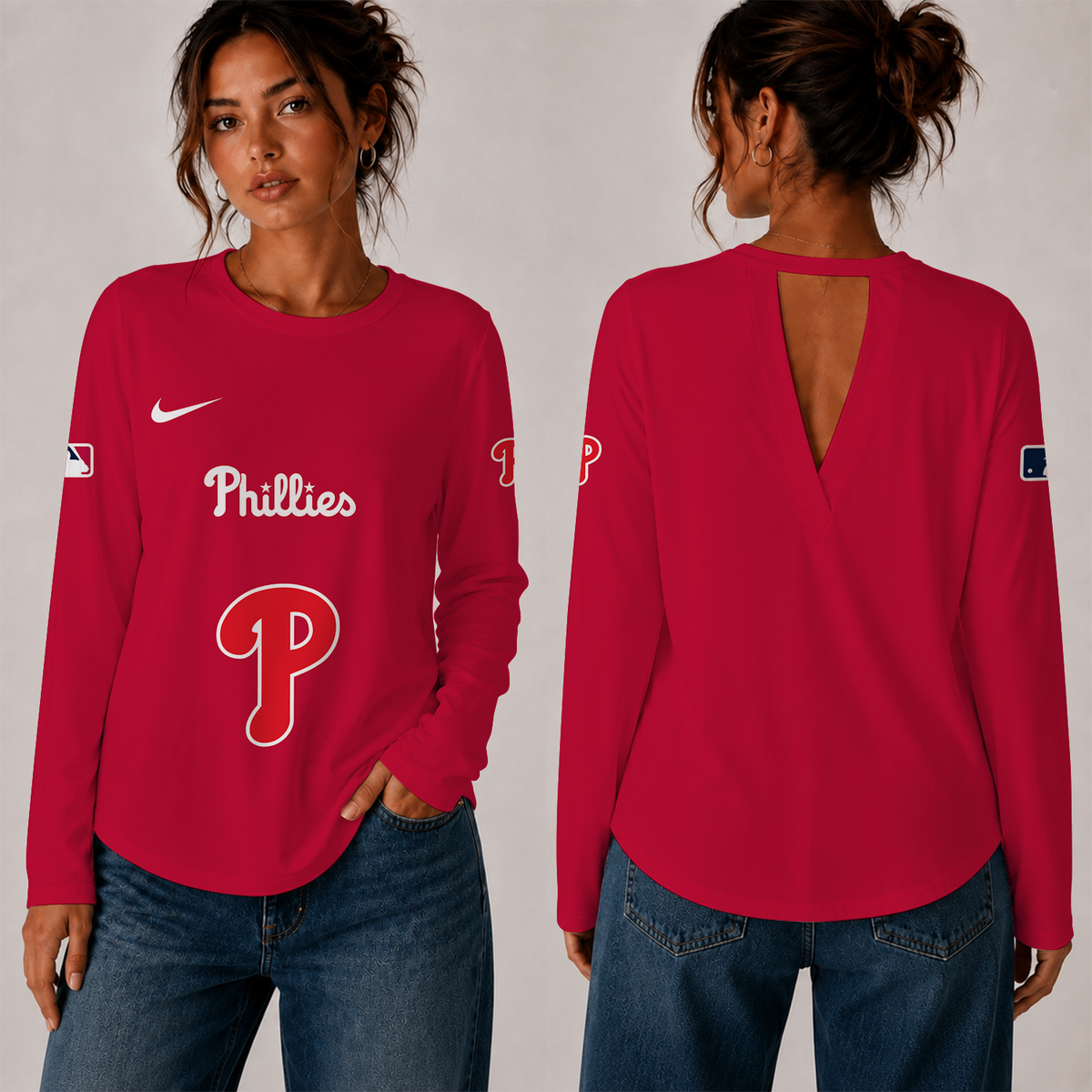 [HOMERUN DEAL] NEW CUSTOMIZED MLB11 PPS THE PHILLIES WOMEN'S BACK V-CUT LONG-SLEEVE SHIRT