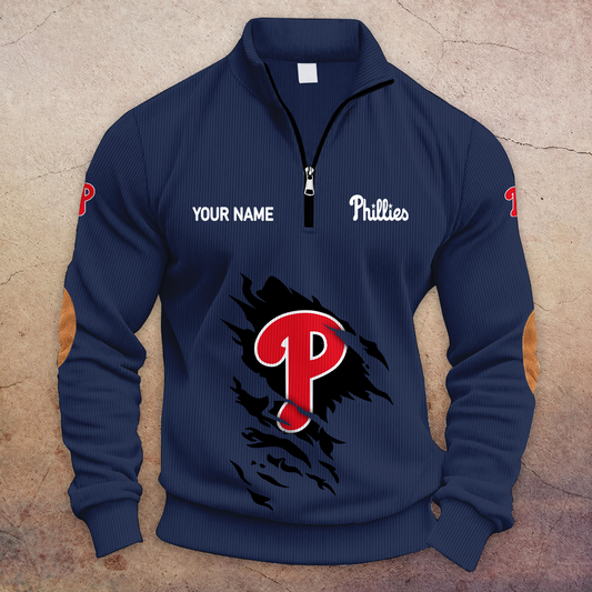 [HOMERUN DEAL] NEW CUSTOMIZED MLB11 PPS PHILADELPHIA PHILLIES MULTICOLOR STRIPED QUATER ZIP SWEATSHIRT