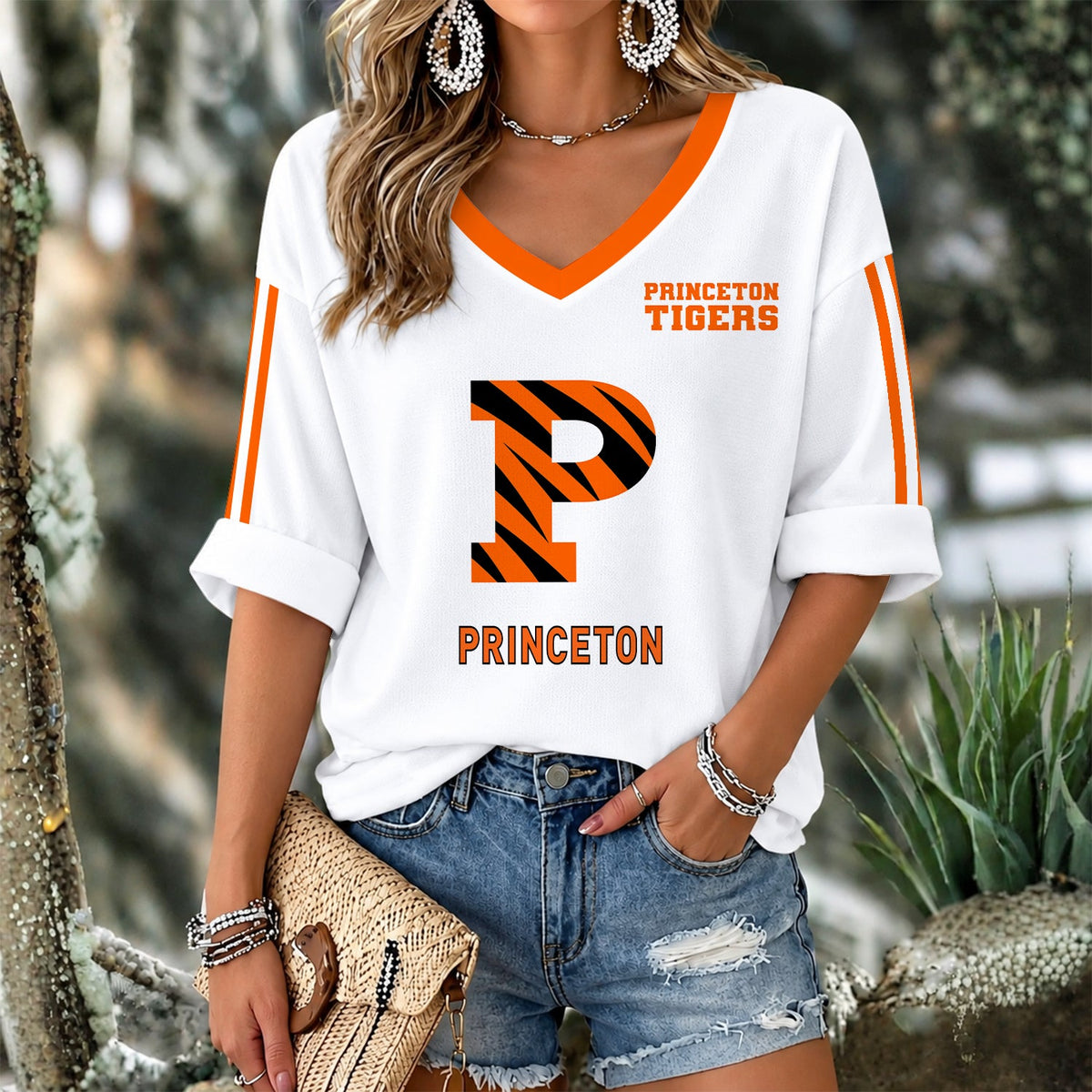 [HOOPS SPECIAL] NEW CUSTOMIZED NCAA CFH11 PRT PRINCETON TIGERS WOMEN'S V-NECK LONG SLEEVE SHIRT
