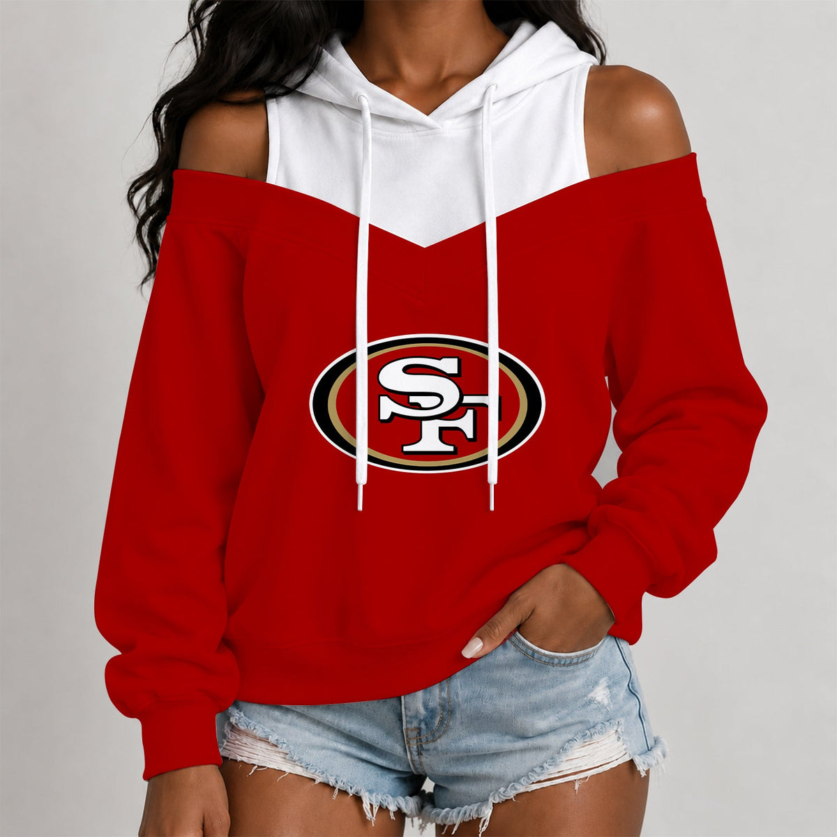 [TOUCHDOWN DEAL] NEW CUSTOMIZED NFL11 SF49 THE 49ERS WOMEN'S OFF-SHOULDER HOODIE