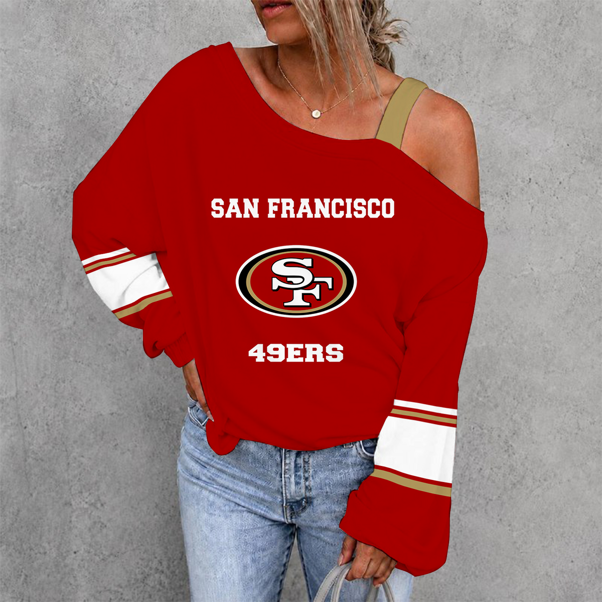 [TOUCHDOWN DEAL] NEW CUSTOMIZED NFL11 SF49 SAN FRANCISCO 49ERS WOMEN'S OFF-SHOULDER LONG SLEEVE SHIRT