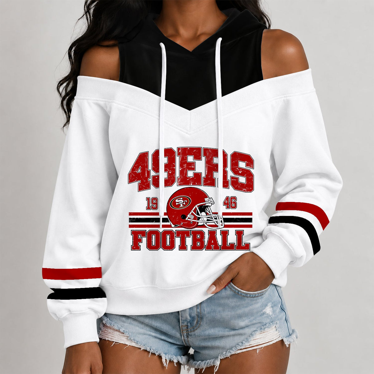 [TOUCHDOWN DEAL] NEW CUSTOMIZED NFL11 SF49 THE 49ERS WOMEN'S OFF-SHOULDER HOODIE