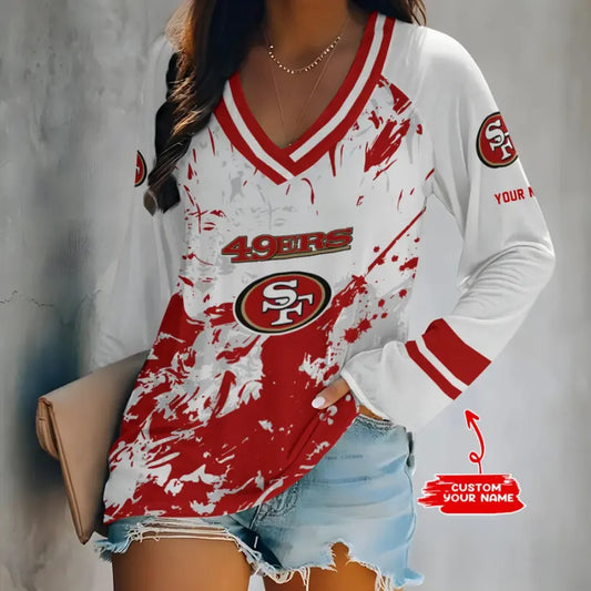 [TOUCHDOWN DEAL] NEW CUSTOMIZED NFL11 SF49 SAN FRANCISCO 49ERS WOMEN'S V-NECK LONG SLEEVED SHIRT