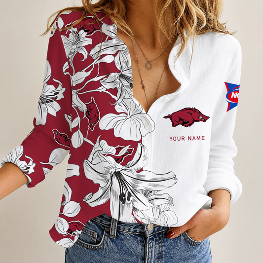 [TOUCHDOWN DEAL] NEW CUSTOMIZED NCAA FBS12 AKR ARKANSAS RAZORBACKS WOMEN CASUAL SHIRT