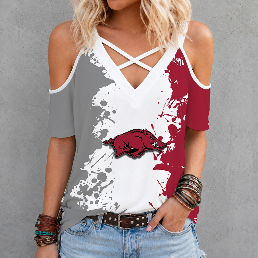 [TOUCHDOWN DEAL]NEW CUSTOMIZED NCAA FBS12 AKR ARKANSAS RAZORBACKS CRISS CROSS V-NECK TOP