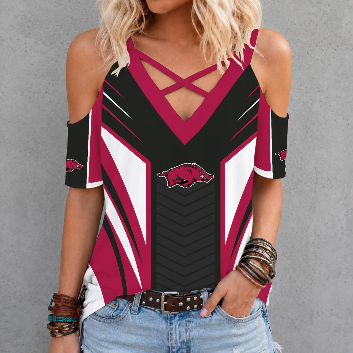 [TOUCHDOWN DEAL] NEW CUSTOMIZED NCAA FBS12 AKR ARKANSAS RAZORBACKS CRISS CROSS V-NECK TOP