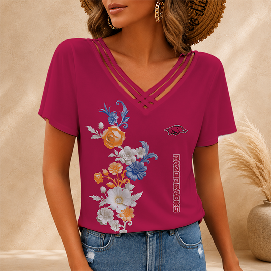 [FAN FAVORITE] NEW CUSTOMIZED NCAA FBS12 AKR ARKANSAS RAZORBACKS V-NECK SHIRT
