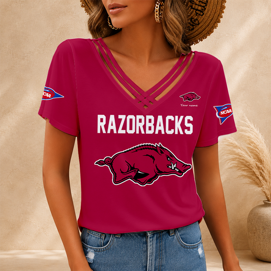 [FAN FAVORITE] NEW CUSTOMIZED NCAA FBS12 AKR ARKANSAS RAZORBACKS V-NECK SHIRT