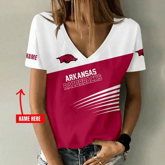 [TOUCHDOWN DEAL] NEW CUSTOMIZED NCAA FBS12 AKR ARKANSAS RAZORBACKS V-NECK FEMALE SHIRT