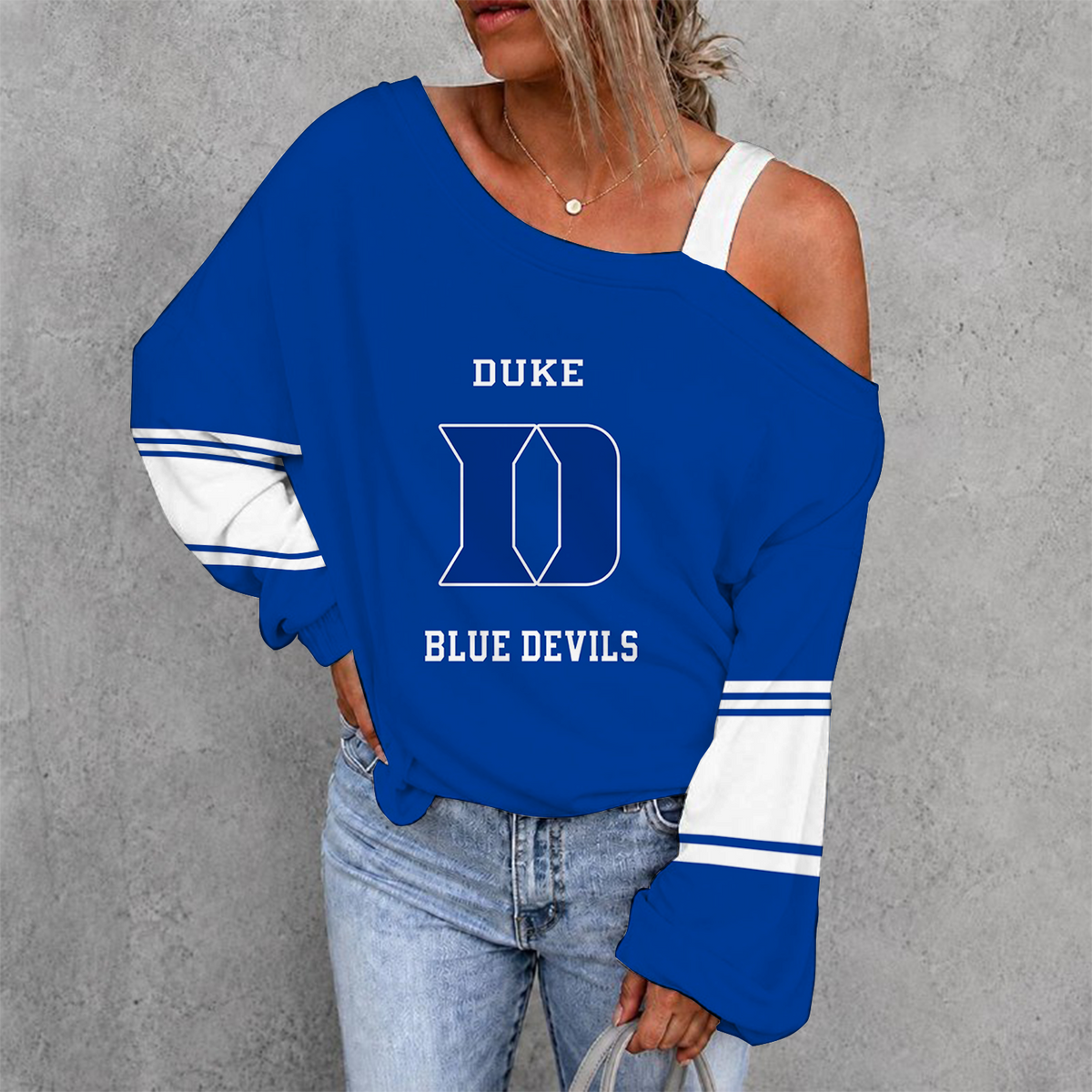 [SLAM DUNK DEAL] NEW CUSTOMIZED NCAA MAM12 DLD DUKE BLUE DEVILS WOMEN'S OFF-SHOULDER LONG SLEEVE SHIRT