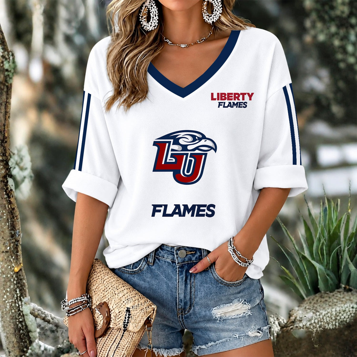 [HOOPS SPECIAL] NEW CUSTOMIZED NCAA CFH12 LIF LIBERTY FLAMES WOMEN'S V-NECK LONG SLEEVE SHIRT