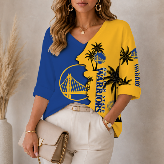 [HOT DEAL] NEW CUSTOMIZED NBA12 GSW GOLDEN STATE WARRIORS WOMEN'S V-NECK LONG SLEEVE SHIRT