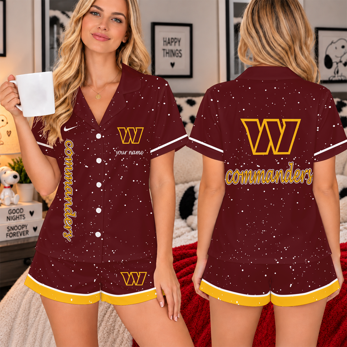 [TOUCHDOWN DEAL] NEW CUSTOMIZED NFL12 WTC THE COMMANDERS WOMEN'S V-NECK SHORT PAJAMAS SET
