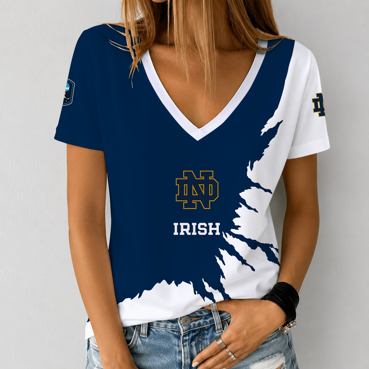 [PUCK DROP DEAL] NEW CUSTOMIZED NCAA MFF12 NFI NOTRE DAME FIGHTING IRISH V-NECK FEMALE SHIRT
